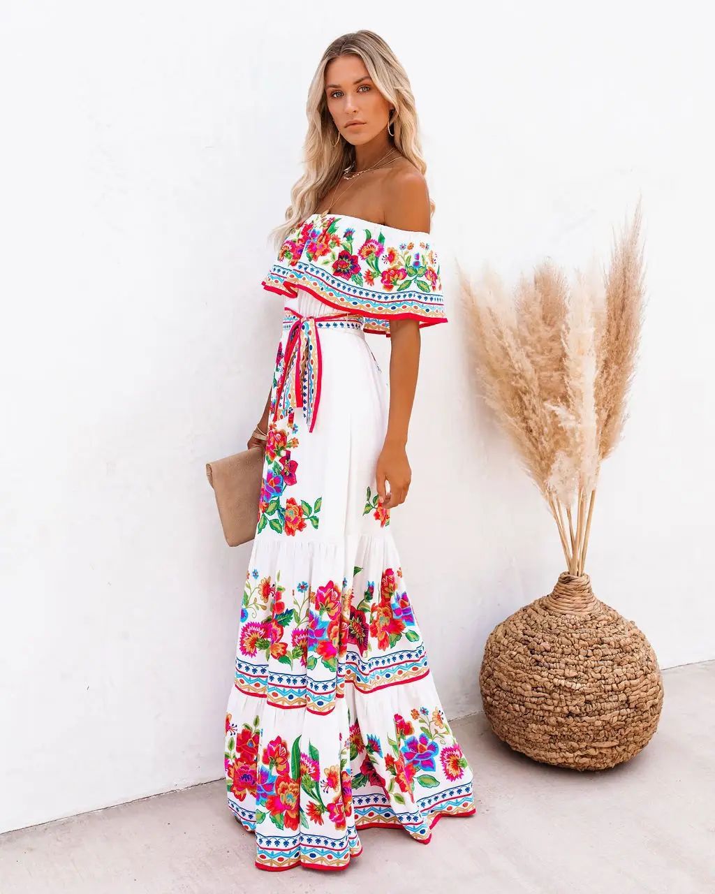 2024 Spring Summer New Independent Stand Amazon Off-shoulder Red Flower Printing Long Dress Oversized Wide Hemline Sleeveless