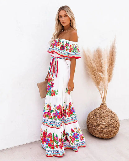 2024 Spring Summer New Independent Stand Amazon Off-shoulder Red Flower Printing Long Dress Oversized Wide Hemline Sleeveless