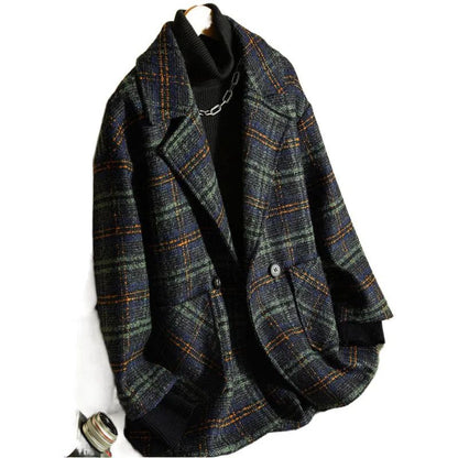 2024 New Style Women's Plaid Suit Woolen Jacket Loose Fit Vintage Checked Woolen Coat Medium Length Korean Version