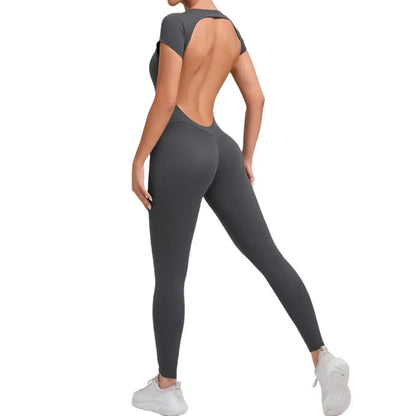 Seamless Yoga Jumpsuits Sports Fitness Hip-lifting Short-sleeved Backless One-piece Workout Gym Leggings Tracksutis for Women