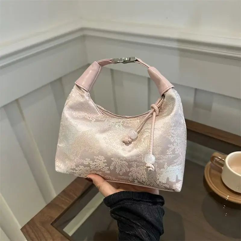 Sweet Embroidery Shoulder Bag Nylon Texture Pearl Pendant Crossbody Bag Small Bucket Handbag Women Canvas Luxury Cheongsam Bag