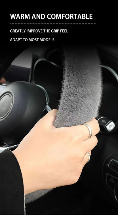 1 peça de capa de volante de pelúcia imitação de pele de vison elástica antiderrapante e quente para volante de carro