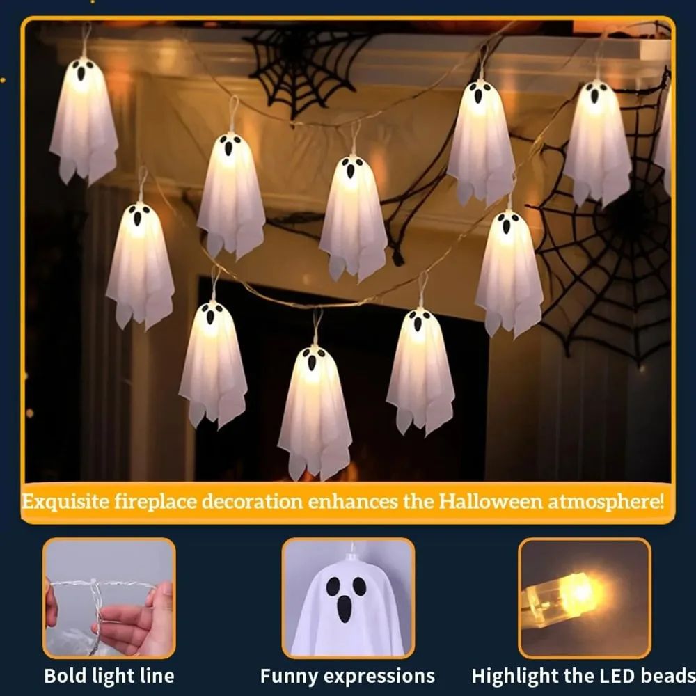 Luzes de Halloween de Fantasma, Guirlanda de Corda à Prova d'Água com 8 Modos, Decorações Internas e Externas para Festa, Casa Assombrada, Lareira, Varanda