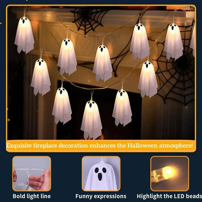 Luzes de Halloween de Fantasma, Guirlanda de Corda à Prova d'Água com 8 Modos, Decorações Internas e Externas para Festa, Casa Assombrada, Lareira, Varanda