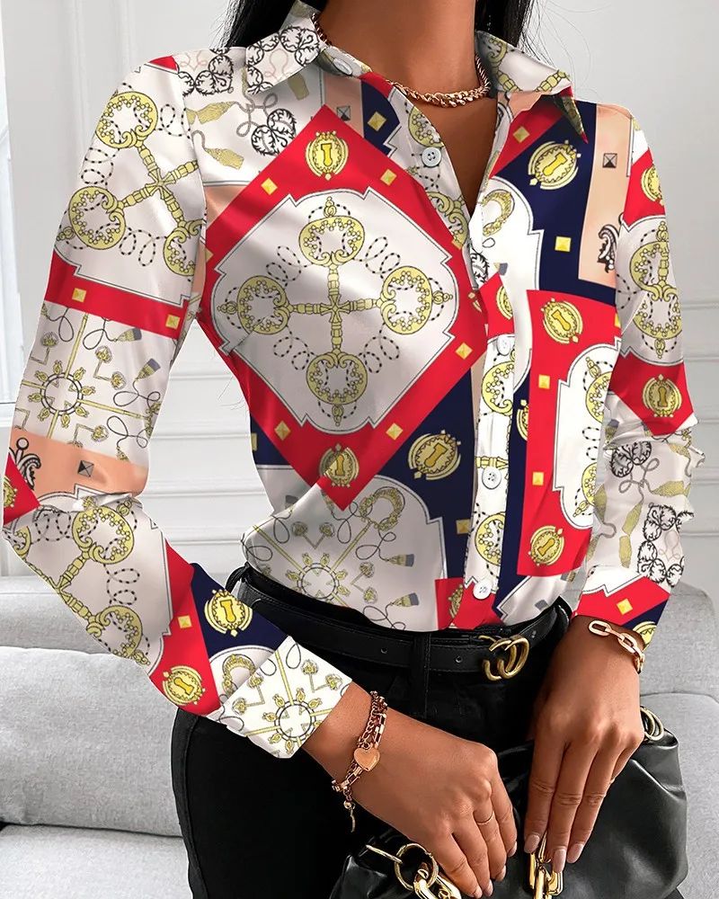 Summer New Women's Long-sleeved Shirt, Single-breasted Printed Shirts Fashion Casual Tops Camisa Female Chemise S-XXL
