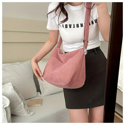 Women’s Corduroy Shoulder Bag Casual Striped Large Capacity Tote with Zipper Closure, Cute Hat Patch, Perfect for Everyday Use