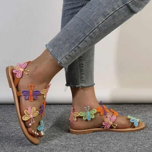 Summer New Flat Sandals Colorful Butterfly Flower Decorated Beach Sandals Outdoor Large Size Women's Sandals for Women