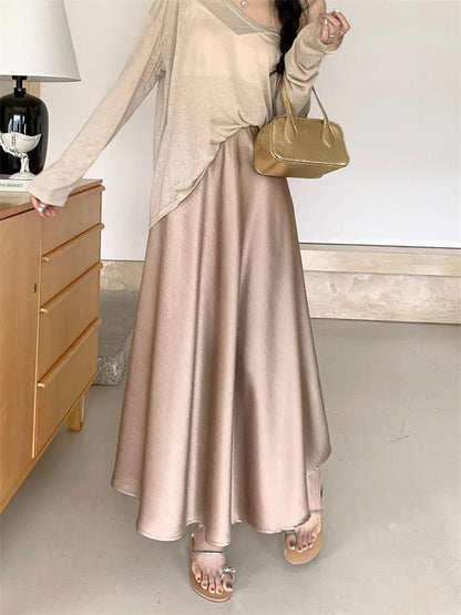 Plus Size Satin Half-Body Skirt Female 2026 Spring New Korean Fashion Temperament Elegant Solid Casual A-line Skirts