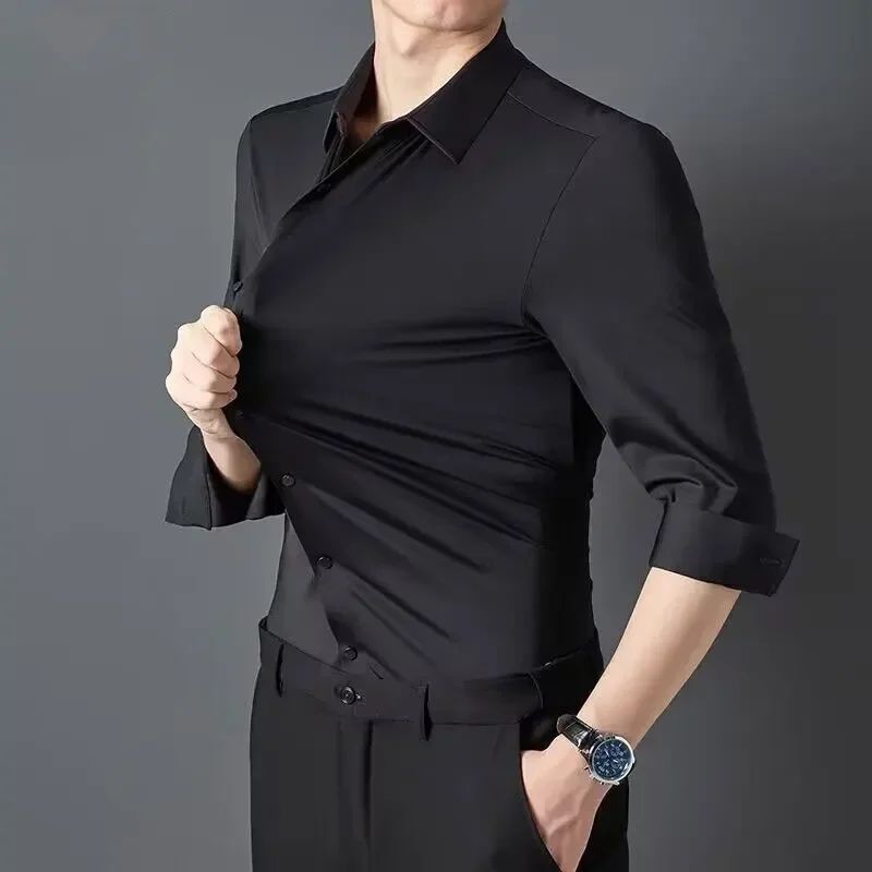 Seamless Anti-wrinkle Business Silky High Elastic Spandex Men's Long-sleeved Shirt Formal Social Non-iron Solid Color Casual