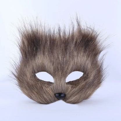 QQ Fluffy Fur and Face Mask Cosplay Halloween Fox Shape Half Face Eye Mask Sexy Cat Hair Animal Mask Christmas Carnival Party Co
