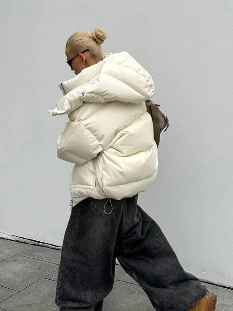 Detachable Hooded Padded Jackets Women's Loose Full Sleeves Zipper Pockets Stand Collar Coats 2025 Autumn Winter Female Outwear