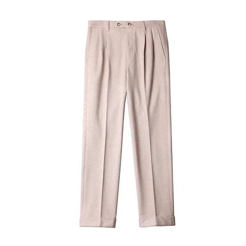 Men's Neapolitan High Waist Autumn Winter Woolen Trousers Straight Leg Drapey No Iron Business Pants Casual Scene