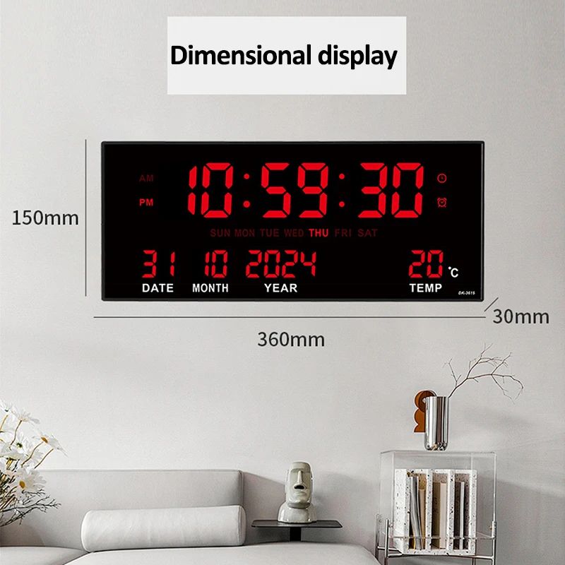 Digital Large Wall Clock Alarm Temperature Date Calendar Display 8 Sets of Alarm Clocks 14'' Electronic LED Clock Plug in Use