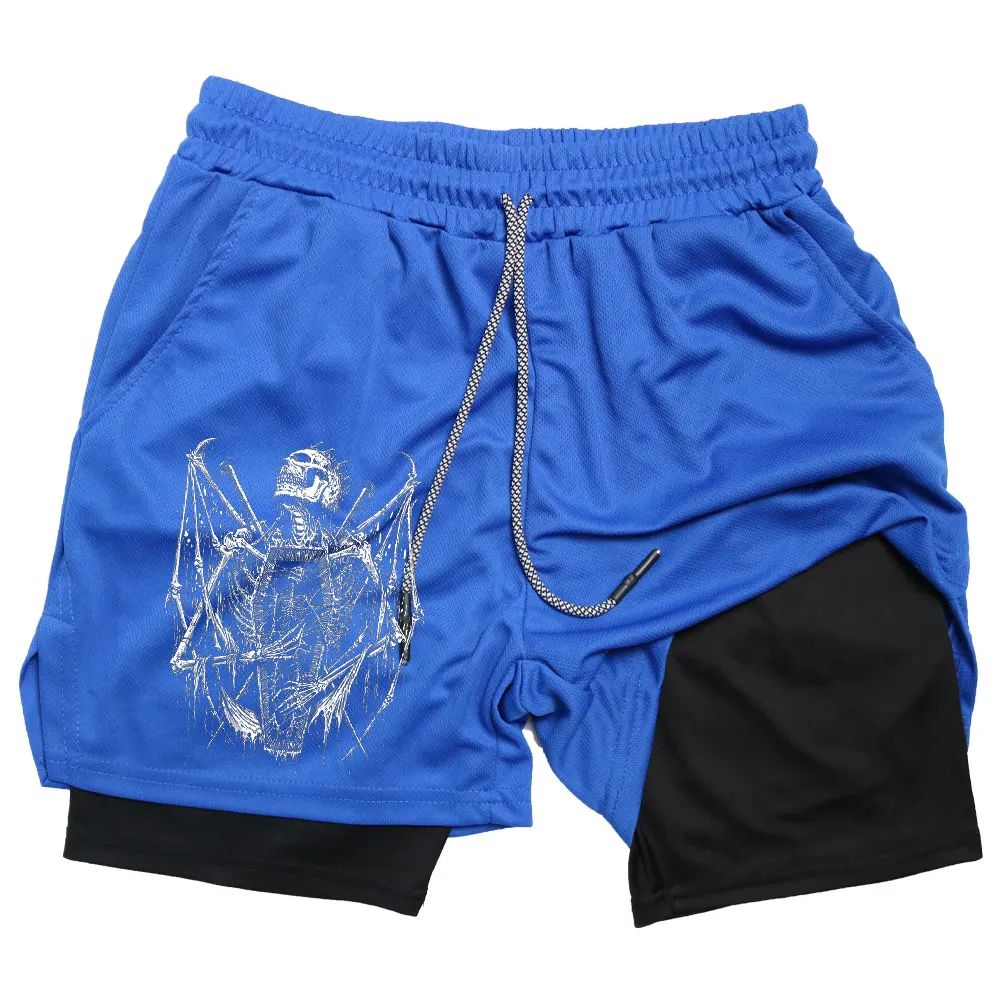 Shorts Men Quick-drying Fitness Skull Print Double Layer Shorts Workout Training Running Bodybuilding Sportwear