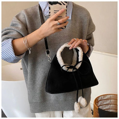 Faux Suede Solid Color Bow Hairy Cute Women's Handbags Christmas Gift Giving Fashion Bags 2025 Autumn/winter New Shoulder Bags