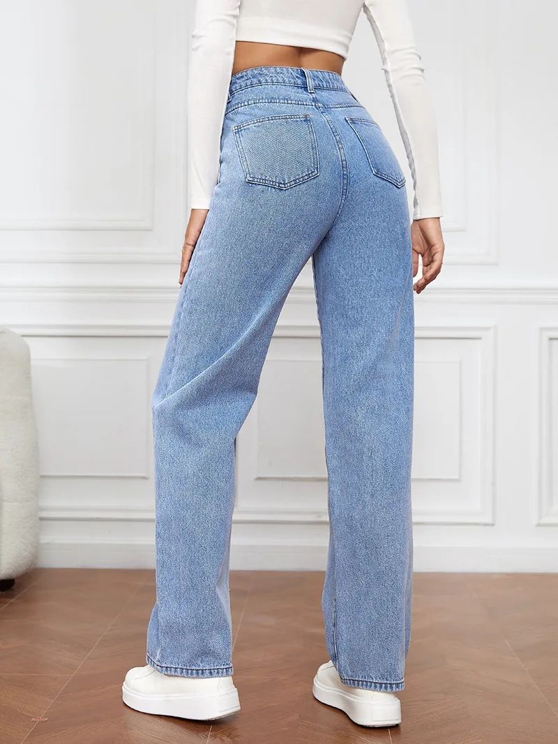 High Waist Straight Leg Jeans for Women New Style Cross-Border High Waist Slim Fit Long Jeans Trendy Women's Denim Pants