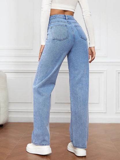High Waist Straight Leg Jeans for Women New Style Cross-Border High Waist Slim Fit Long Jeans Trendy Women's Denim Pants