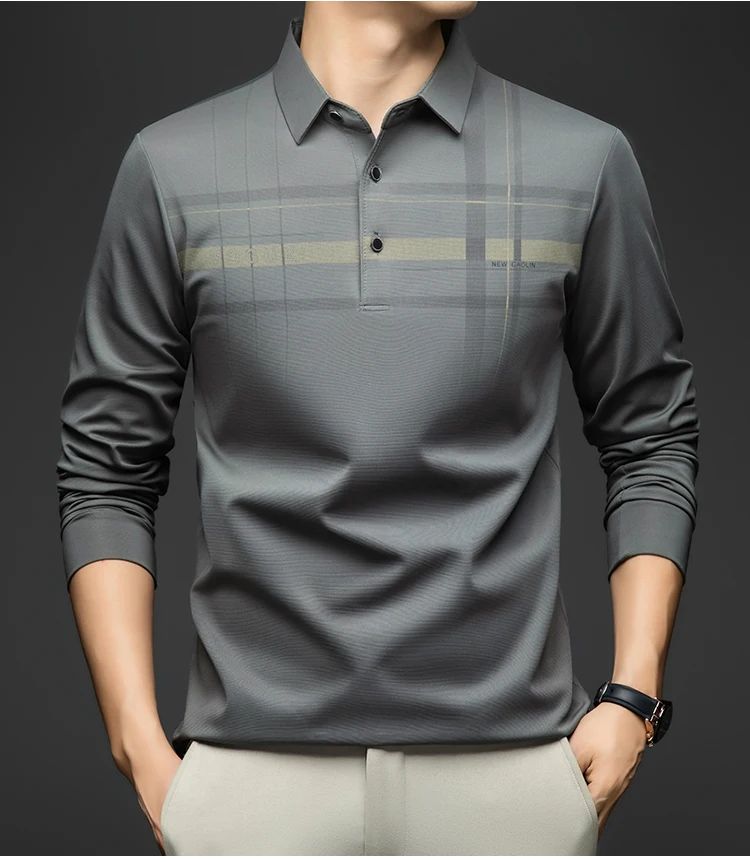BROWON Polo T Shirt for Man 2025 Formal Business Slim Long Sleeve Tshirt Men Casual Loose Stripe Shirt for Man Designer Clothes