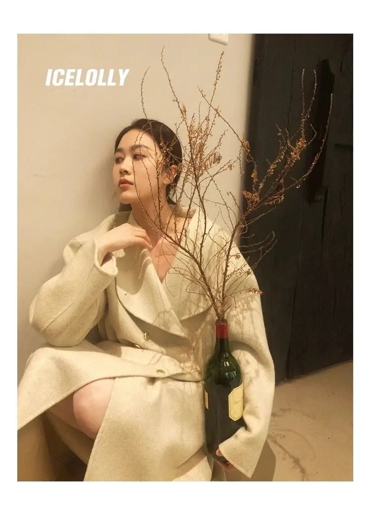 Light Grey Woolen Coat Women's Long Loose Korean Style Fashionable Autumn Winter New Arrival Polyester Fiber Full Sleeve