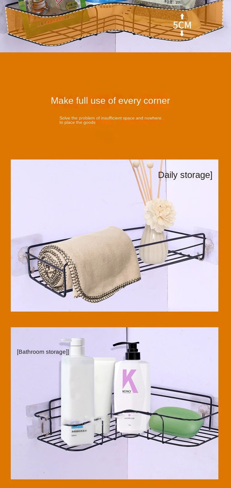 No Drill Bathroom Triangle Corner Shelf Wall Mounted Storage Rack for Kitchen Bathroom Organizer Space Saver