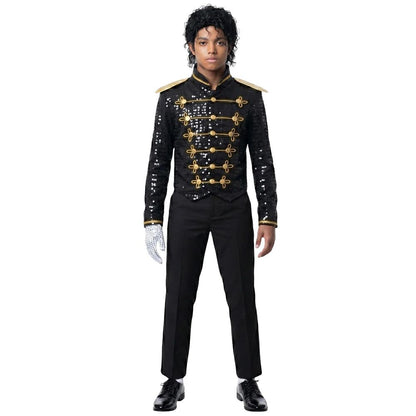 Kids Black Sequin Michael Jackson Jacket Gloves Set Boys MJ Cosplay Costume Halloween Tap Dance Stage Performance Outfit