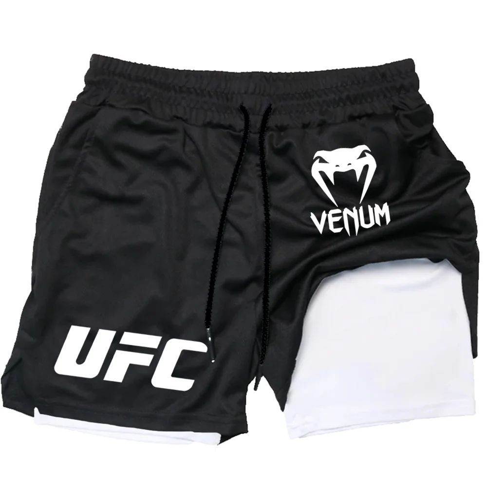 Men's UFC Printed Quick-Dry Double-Layer Sports Shorts, Breathable Tennis Training Shorts