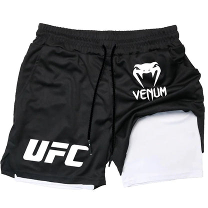 Men's UFC Printed Quick-Dry Double-Layer Sports Shorts, Breathable Tennis Training Shorts