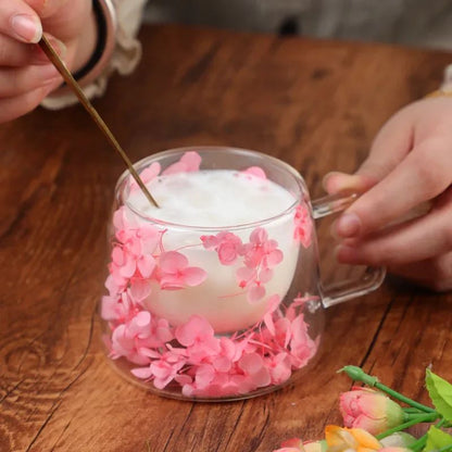 Copo de Vidro de Parede Dupla 200ml Transparente com Padrão de Flores Caneca de Chá Leite Café com Alça Presente para Amigos Copo de Água para Casa