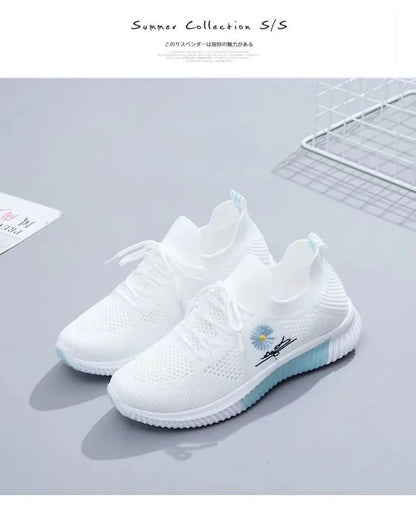 Spring and autumn seasonsLadies Knitted Sneakers Fashion Simple Lace-up Running Shoes Mesh Breathable Casual Female Students