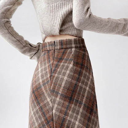 2025 Autumn Vintage Woolen Plaid Skirts Lady Elegant High Waist Slimming A-Line Skirt Women Korean Streetwear Slit Long Skirt