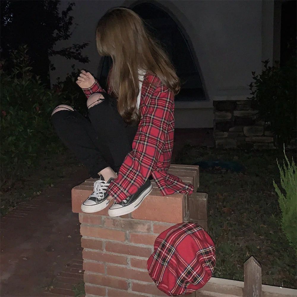 Scottish Red Plaid Shirt Luxury Hong Kong Style Vintage Loose Fit Women's Button up Shirt Polo Collar Full Sleeve Slim Fit