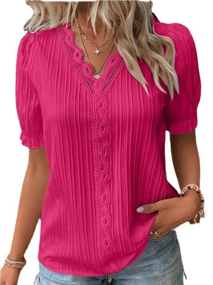 2025 Summer New Women's Blouse Top Solid Sexy V-Neck Hollow Short Sleeve Fashion Splice Plus Size Loose Street Apparel Shirt
