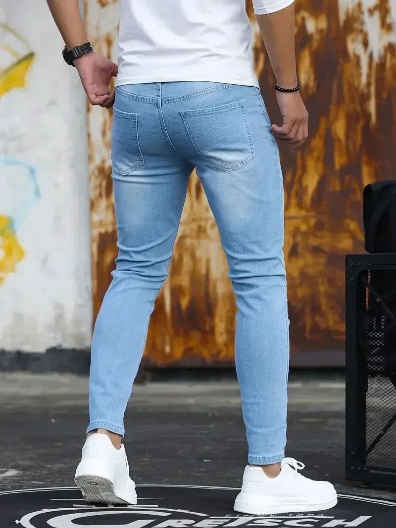 Calça Jeans Masculina Skinny Stretch Cores Sólidas Preto Azul Primavera Luxo Rua Harajuku Hip-Hop Calças Justas Marca