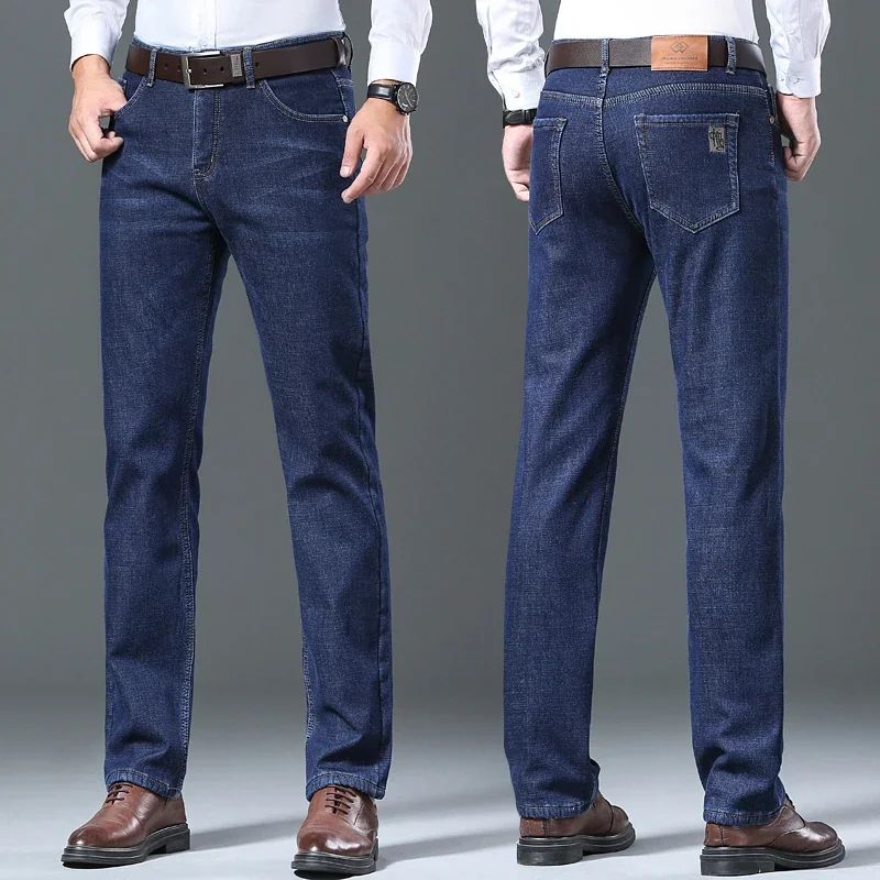 Men's Wool Velvet Jeans Winter Fleece Thickened Business Casual Straight Denim Pants Soft Cozy Thermal Stretch Trousers Male