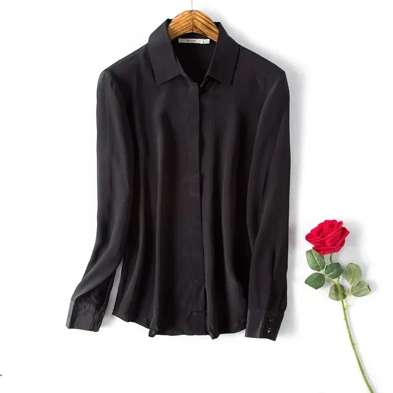 2025 Spring New Women's Silk Shirt Women's Long Sleeve 100% Mulberry Silk Blouse 16 MM White-collar OL Style Shirts For Women