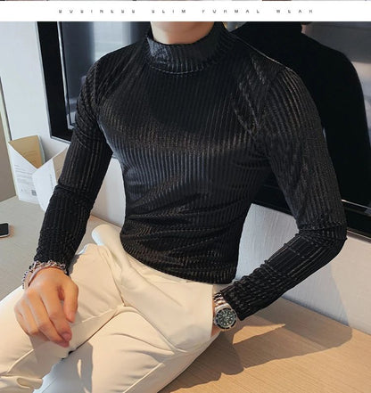 New Gold Velvet T Shirt Men Clothing Fashion Trend Male Luxury Prom Party Long-sleeved Striped Pullover Tops Homme