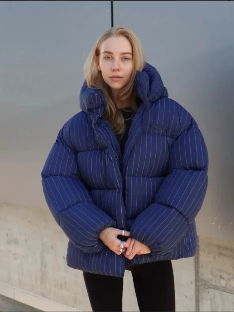 Women's Pinstripe Oversized Puffer Jacket Full Sleeve Detachable Hood Zipper Warm Coat 2025 Autumn Winter Female Casual Wear
