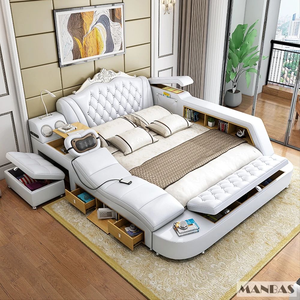 MANBAS Ultimate Bed Frame Tech Smart Multifunctional Bed with Genuine Leather, Massage, USB, Bluetooth Speaker, Tatami & Safe