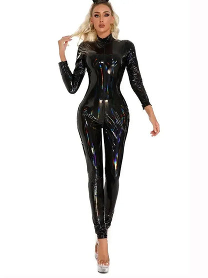 Unisex Laser Natte Look Pvc Catsuit Glanzend Pu Lederen Rits Open Kruis Bodysuit Panty Cosplay Leotard Sexy Jumpsuit