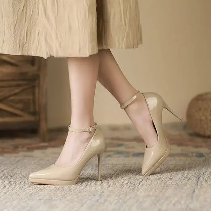 Sapatos femininos com salto agulha super alto de 11cm, corrente de pérolas, tira no tornozelo, bico fino, tamanho grande, sapatos de escritório de couro