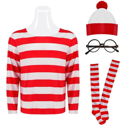 Wheres Waldo Striped Shirt Youth Boys Wally Costume Shirt Glasses and Hat Socks Unisex Adults Carnival Cosplay Costume