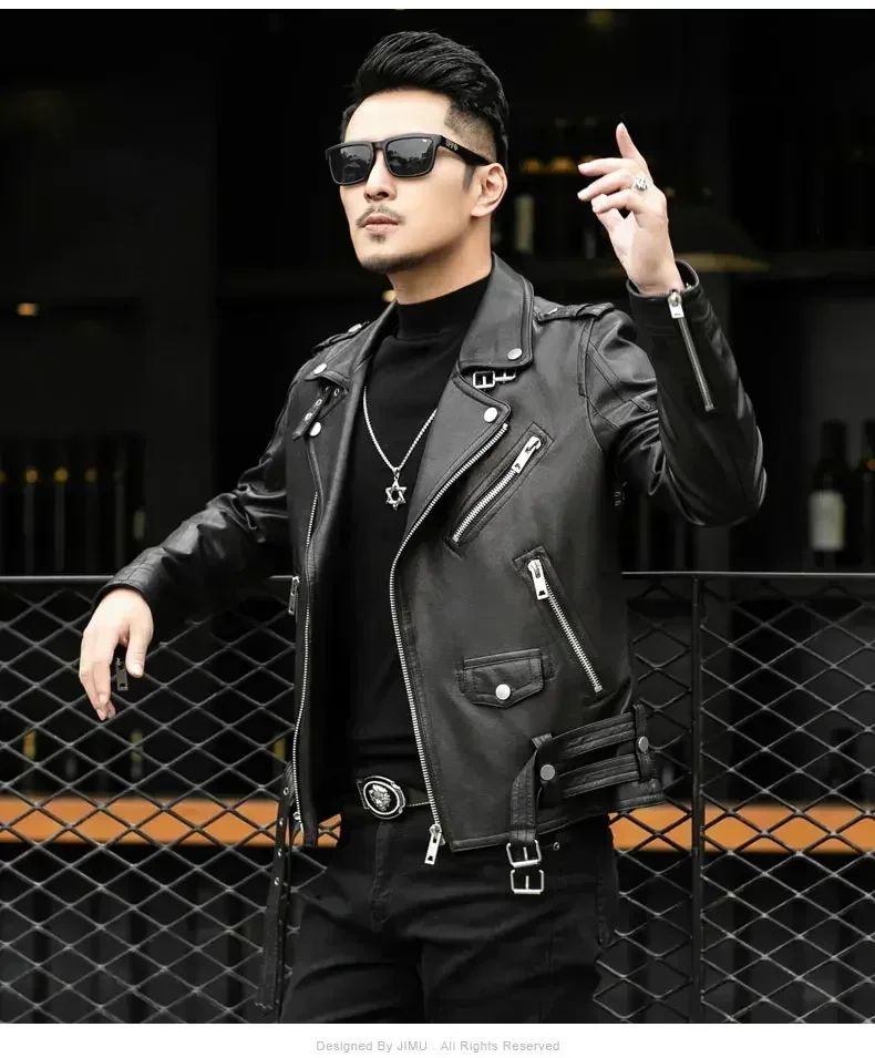 Long Sleeve Belt Plus Size European Fashion brand Spring Autumn Short Cool Black Leather Biker Jacket Men Zipper leather jackets
