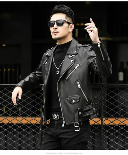 Long Sleeve Belt Plus Size European Fashion brand Spring Autumn Short Cool Black Leather Biker Jacket Men Zipper leather jackets