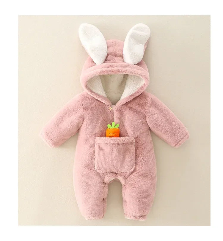 Baby Rompers Winter Warm Coral Fleece Newborn Baby Girl Clothes Cartoon Rabbit Coats Infant Jumpsuit Animal Overalls Pajamas