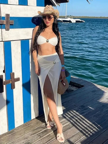 2025 Women 3 Piece Bikini Sets Spaghetti Strap Swimsuits Sexy High Split Beachwear Long Skirt Bathing Suit Vacation Wear K92