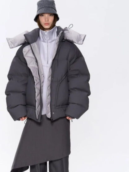 Detachable Hooded Padded Jackets Women's Loose Full Sleeves Zipper Pockets Stand Collar Coats 2025 Autumn Winter Female Outwear