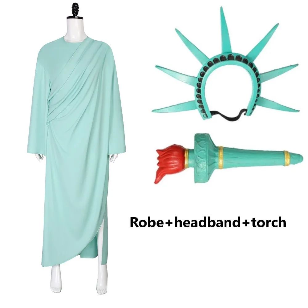 Statue of Liberty Cosplay Adult Lady Liberty Costume Green Women Patriotic Collection Halloween Party Fancy Dress Headwear suit