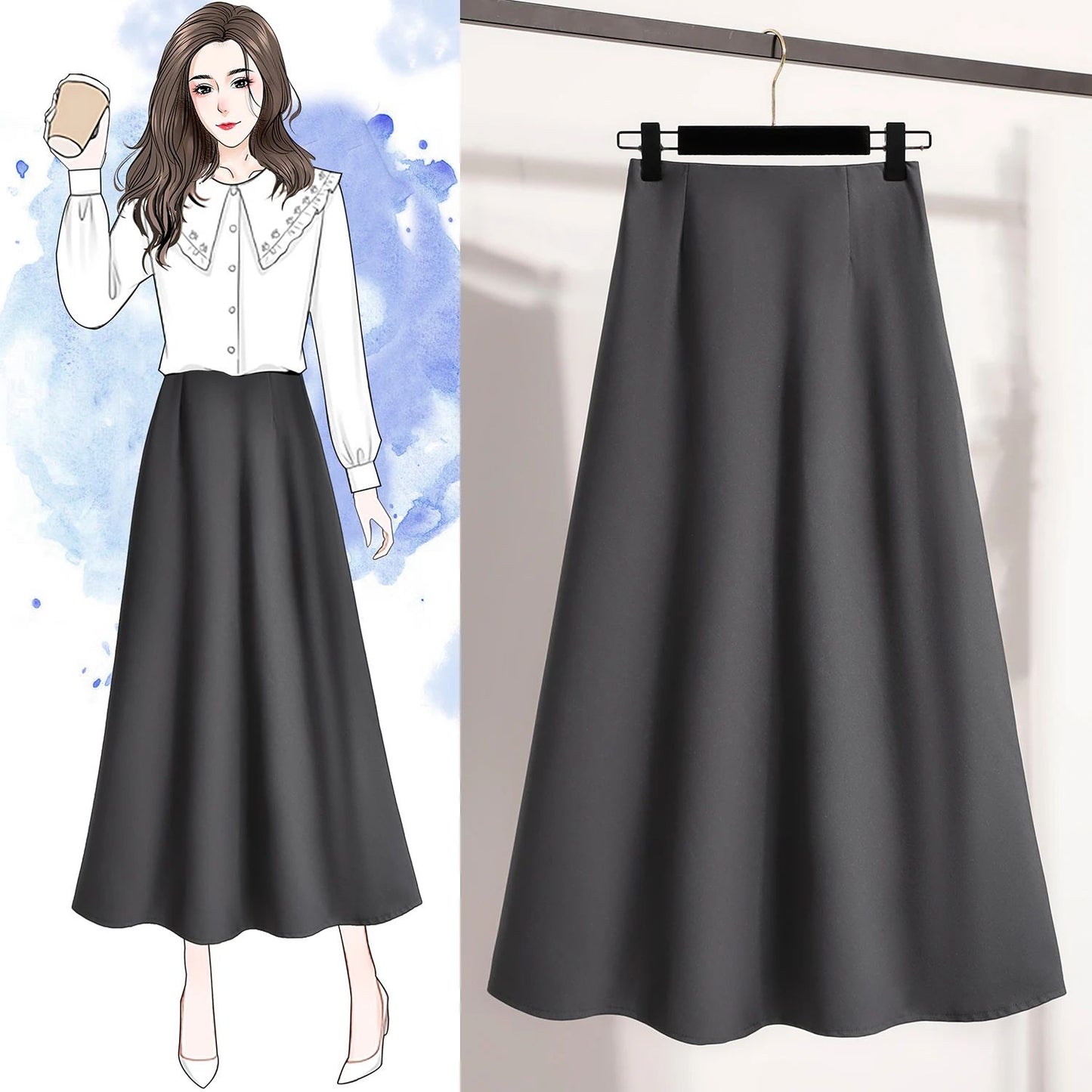 A-Line Mini Skirt High Waist Mid Length Skirts Women's Slimming Black Autumn Elastic Waist Design Solid Color Versatile Skirt
