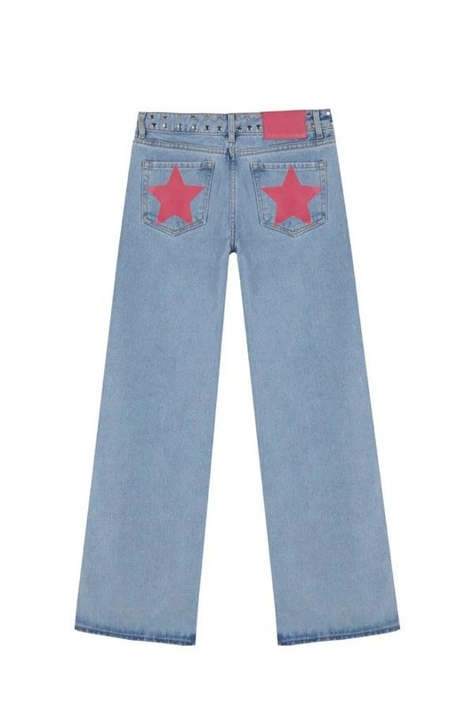 Y2K Women's Straight Leg Jeans Personalized Lucky Star Texture Retro Baggy Jeans Stylish High Street Willow Nail Low Waist Jeans