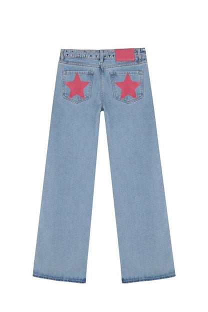 Y2K Women's Straight Leg Jeans Personalized Lucky Star Texture Retro Baggy Jeans Stylish High Street Willow Nail Low Waist Jeans